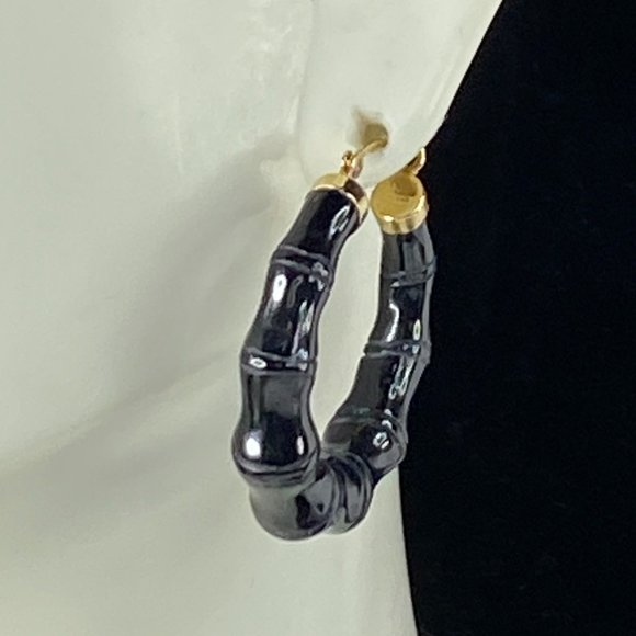 Designer 14K yellow gold Bamboo etching Onyx Hoop earrings 30mm 9.1g JR7802